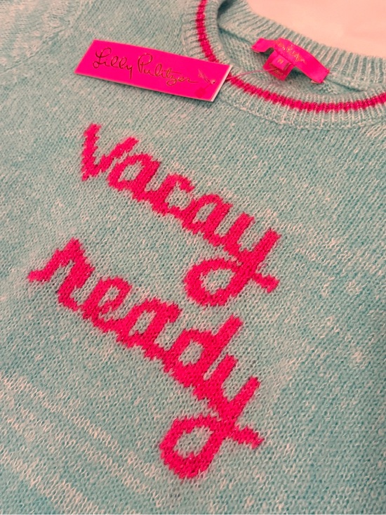 Lilly Pulitzer Sweaters - Lilly Pulitzer Aqua Crewneck Sweater with Pink "Vacay Ready" Text